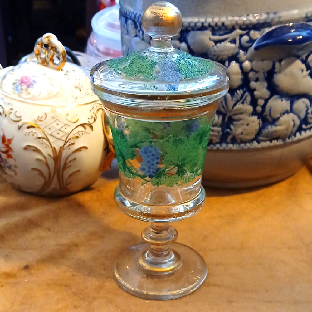 Elegant Venetian Glass Jar with Lid - Green and Purple Grape Design